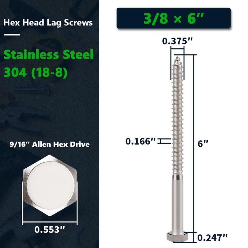 RoyceMart 6-Sets 3/8 x 6 Hex Head Lag Screws & Flat Washers, Heavy Duty Lag Wood Screws, 304 Stainless Steel (18-8), 3/8" Bolt - Image 2